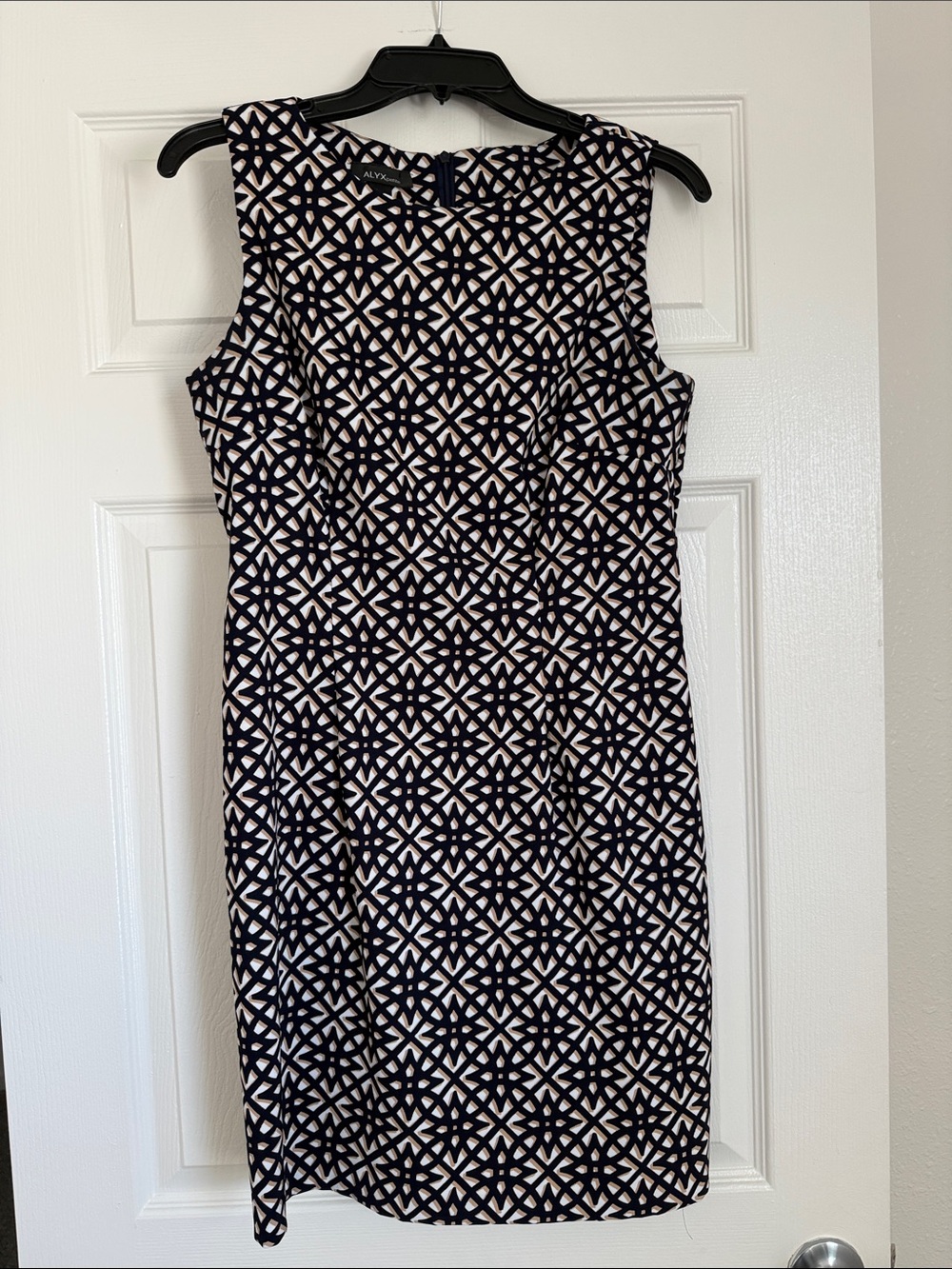 Alyx Navy, White, and Beige Geometric Sheath Dress